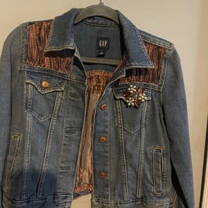 Refurbished ladies large Jean jacket with a see through back, antique Brooch